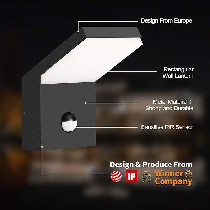 Wall Light Outdoor LED Mount Lamp Wall Sconce Lighting with Motion Sensor Lantern Fixture Black Aluminum Lights for Porch Front Door Garden Yard Patio Waterproof 18W 1800Lm 3000K
