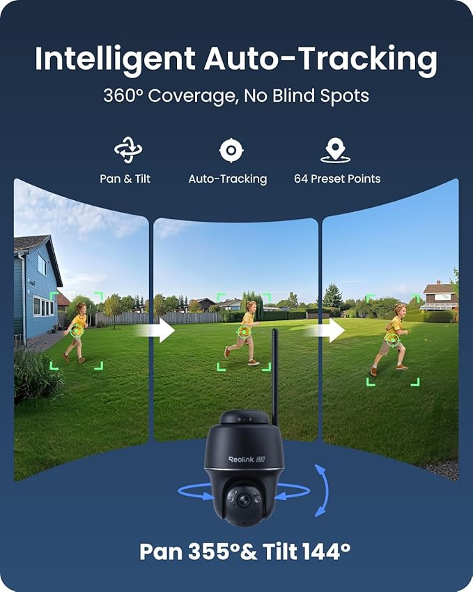 REOLINK 4K Solar Security Cameras Wireless Outdoor, 360° Pan Tilt, 8MP Color Night Vision, 2.4/5 GHz Wi-Fi 6, No Monthly Fee, Home Hub Compatible, Argus PT 4K+ 3W Solar Panel (Black)