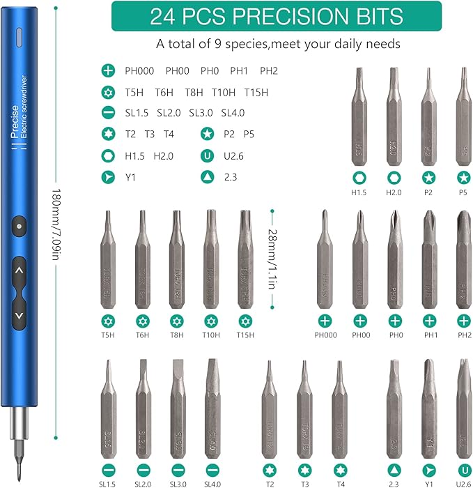 ORIA Electric Screwdriver，28 in 1 Cordless Mini Electric Screwdriver Set with 24 Bits, Rechargeable Repair Tool Kit with Type-C Charging for Mobile Phone,Toy,PC, Blue