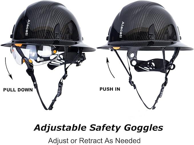 Carbon Fiber Hard Hat Full Brim with Goggles- Safety Helmet with 6-Point Adjustable Ratchet Suspension- ANSI Z89.1 Compliant