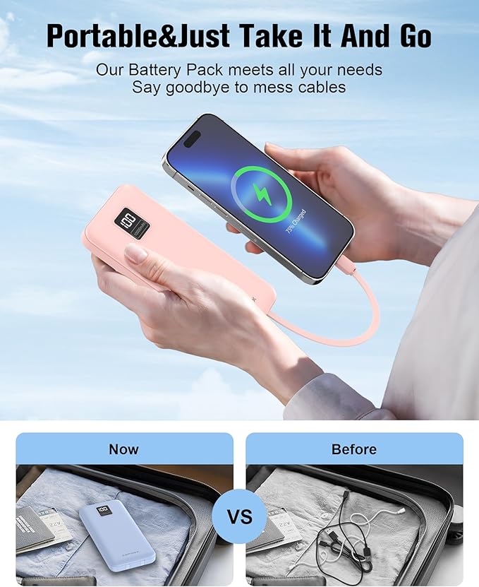 AsperX 2-Pack 10000mAh Portable Charger with Built-in Cables, USB C Output Power Bank Fast Charging, LED Display External Battery Pack for iPhone, Android, Google LG and Heated Vest