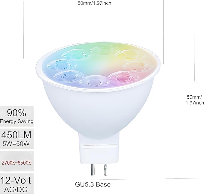 Smart MR16 GU5.3 LED Bulb,GU5.3 Light Bulbs,Dimmable Color Changing Light Bulbs,12Volt Gu5.3 Bi-Pin Base,WiFi & Bluetooth LED Bulbs Work with Alexa,Google Assistant,16Million Colors Syncs with Music.