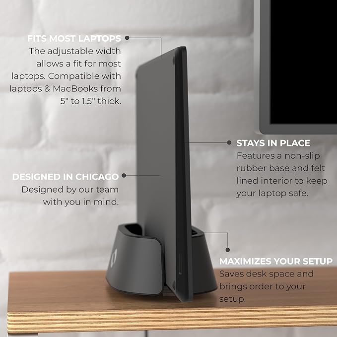 HumanCentric Vertical Laptop Stand in Black Aluminum, Upright Adjustable Holder and Dock, Laptop Vertical Stand Fits MacBook Pro and Other Laptops .5" to 1.5", Clamshell Compatible