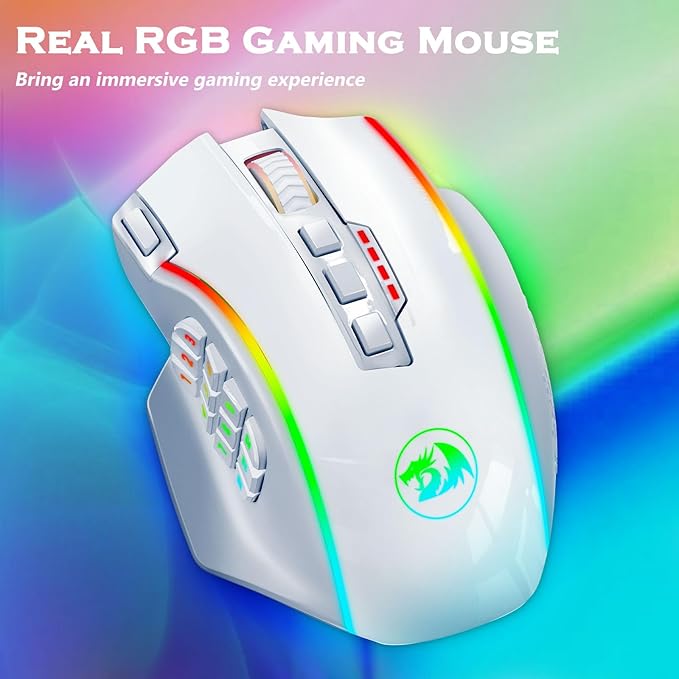 Redragon Wireless Gaming Mouse, MMO Gaming Mouse UP 16,000 DPI, 16 Macro Programmable Buttons, RGB Rechargeable Mouse with 12 Side Buttons, 70Hrs for PC Laptop MOBA FPS, White,M901P-WS