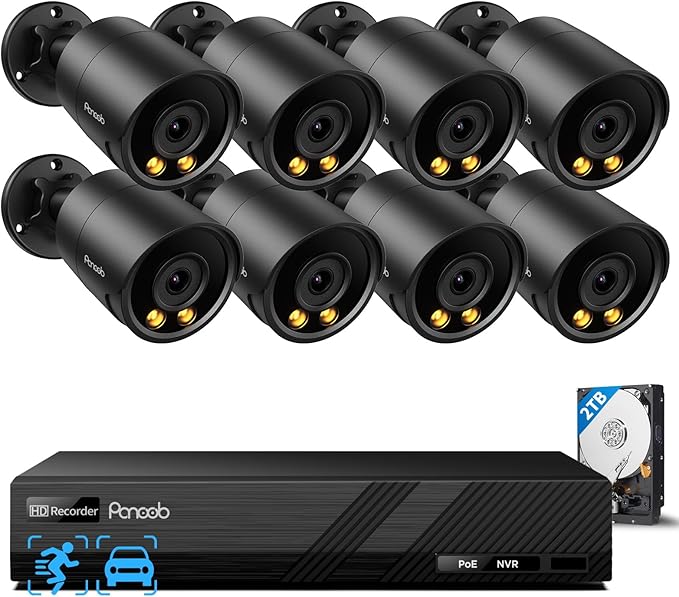 Security Camera System PoE, 8X 4MP Wired Bullet IP Cameras Outdoor Built-in Microphone, AI Human Vehicle Detection, 5MP 8CH NVR with 2TB HDD, Smart Color Night Vision, PB38F30808-4MD(Black)
