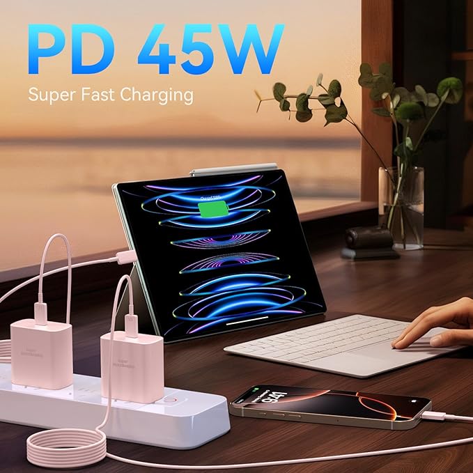 Phone 16 Pro Max Charger Fast Charging, 45W Super Fast USB C Charger Block with 6.6FT Long Charging Cord Cable for Phone 16 Pro Max/16 Pro/16/16 Plus,15 Pro Max/15 Pro/15,Android Phone-Pink