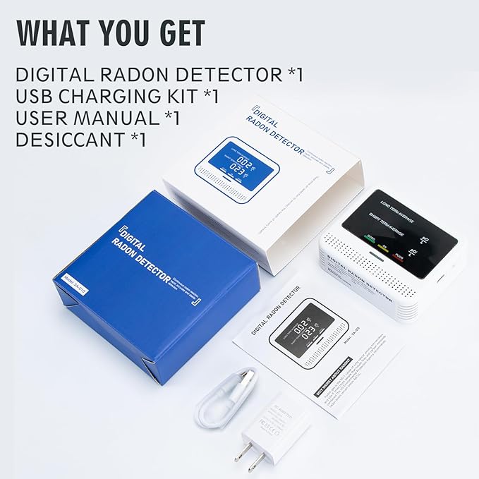 Digital Radon Detector - User-Friendly Desktop Device with HD LCD Display, 2-3 Years of Battery Life on 6-Hour Charge, 10-Year Sensor Lifespan, Perfect for Accurate Home and Office pCi/L Reading