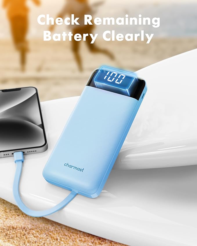 Charmast Portable Charger with Built in Cables, Power Bank with Cords Wires, Slim 10000mAh Travel Battery Pack 6 Outputs 3 Inputs 3A Fast Charging for Samsung Google Pixel LG Moto iPhone iPad