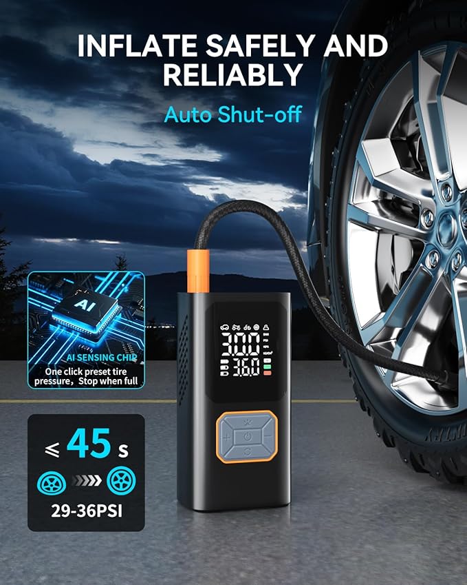Cordless Tire Inflator Portable Air Compressor 150PSI Bike Pump with LED Light & Pressure Gauge Auto Shut-Off electric Air Pump for Car Tires Motorcycle Bicycle Ball with Digital Dual Values Display