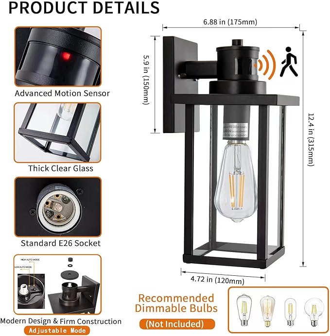 2 Pack Motion Sensor Outdoor Wall Lights Dusk to Dawn Outdoor Wall Lantern Porch Lights Outdoor Wall, Matte Black Wall Mount Vintage Outdoor Garage Lights Exterior Patio Wall Light Fixtures