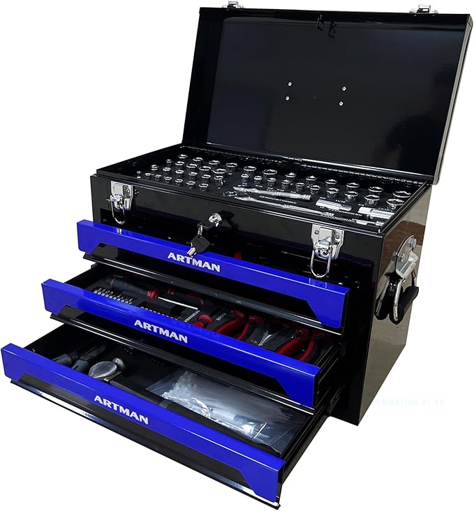 439-Piece Mechanics Tool Set, Household Tool kit with 3-Drawer Heavy Duty Metal Box, Portable Tool Box for Home/Auto Repair - Gift for Men - Blue & Black