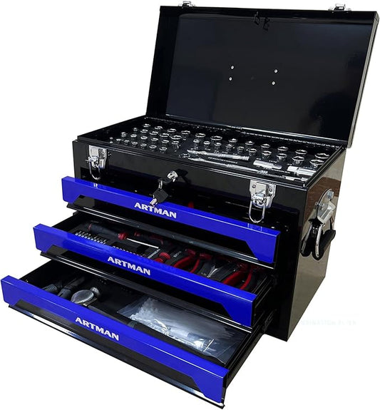 439-Piece Mechanics Tool Set, Household Tool kit with 3-Drawer Heavy Duty Metal Box, Portable Tool Box for Home/Auto Repair - Gift for Men - Blue & Black