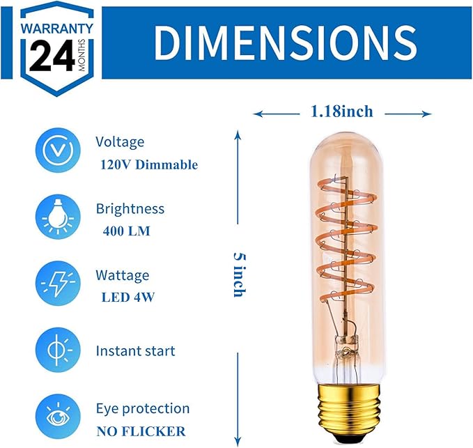 T10 LED Bulbs 40 Watt Equivalent 4W Dimmable Edison Tubular Light Bulb E26 Medium Base 2700K Warm White, T10 Vintage Amber Glass Spiral Filament LED Light Bulb, 2 Pack