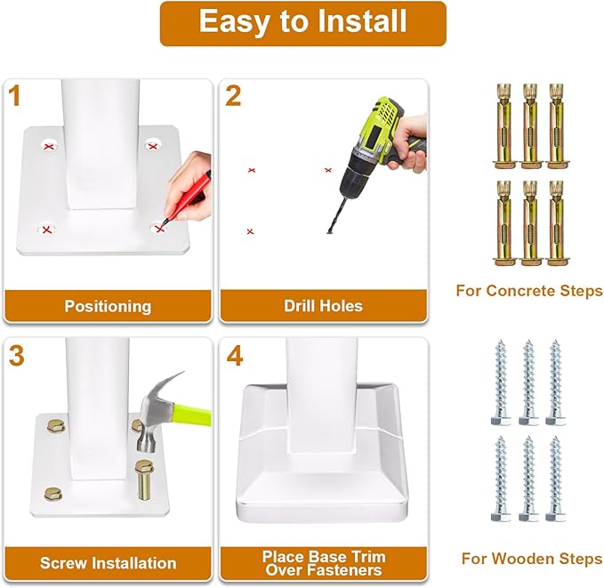 Adjustable Handrail 1-2 Step, Wall&Floor Mounted Wrought Iron Handrails, Handrails for Outdoor Steps, Stair Rail with Installation Kit Hand Rail, White