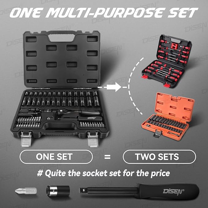 DISEN 1/4" Drive Socket Wrench Set 64PCS, 1/4-Inch Impact Metric Socket Set(4-15mm) Deep and Shallow 6 Point, CR-V, with 72T Ratchet Wrench Handle for Household&Automotive Repairing with Storage Case