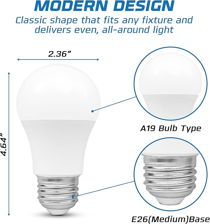 OHLECTRIC A19 LED Light Bulbs, Dimmable (4-Pack) 75W Equivalent, 4000K Cool White,11W, 120 Volts, 1100 Lumens, E26 Medium Base, Enclosed Fixture Rated, Energy Star Certified. Indoor/Outdoor Use