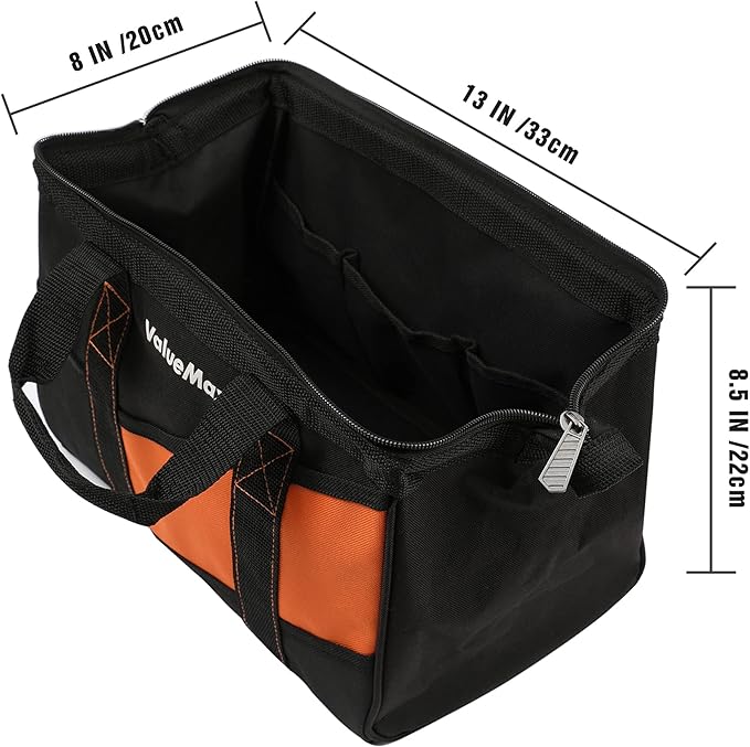 ValueMax 13-Inch Small Tool Bag, Wide Mouth Tool Bag with 12 Storage Pockets, Heavy Duty Orange Tool Tote Organizer