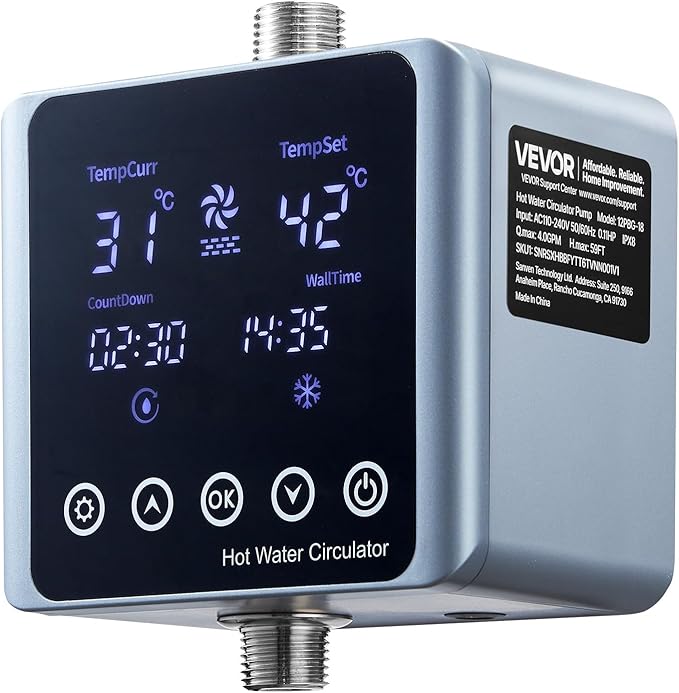 VEVOR Digital Smart Instant Hot Water Recirculating Pump Kit, with Built-in Thermostat, Timer, Digital Screen, Under Sink Recirculation Circulation Circulator Pump System, for House Water Heaters