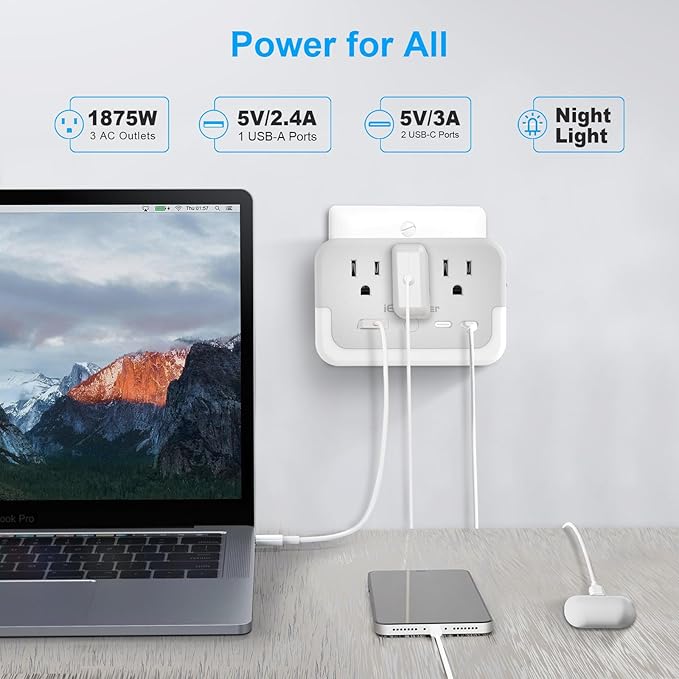 2 Pack Compact Outlet Extender with Light Sensor lamp,Multi Plug Wall Outlet with 3 Outlet and 3 USB Ports(2 USB-C Ports && 1 USB-A Port Total 15.5W/3.1A).Power Strip for Home Travel Office-White