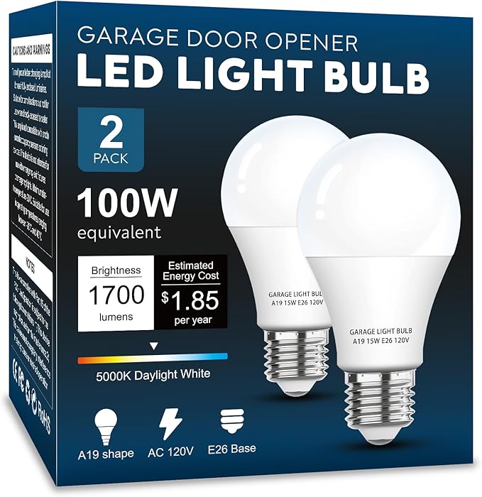 Garage Door Opener LED Light Bulb 2 Pack，15W Equivalent to 100W Garage Light Bulb,A19 5000K Daylight White E26 Base 120V Outdoor Light Bulbs,Minimize Interference,Dimmable