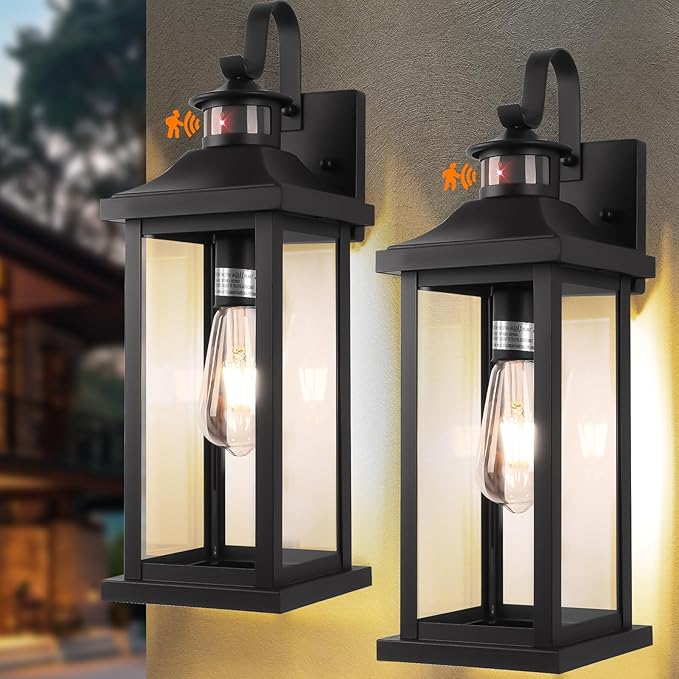 18 Inch Motion Sensor Outdoor Lights 2-Pack, Large Black Dusk to Dawn Outdoor Porch Lights for House IP65 Waterproof Exterior Lighting Fixtures for Front Door Garage Lantern Sconces