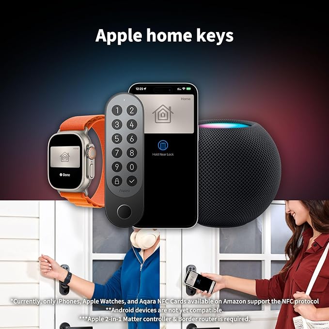 Aqara Smart Lock U200 (Fingerprint Keypad Included), Matter Over Thread, Keyless Entry Door Lock with Apple Home Key and Rechargeable Battery, Supports Apple Home, Alexa and SmartThings, Black