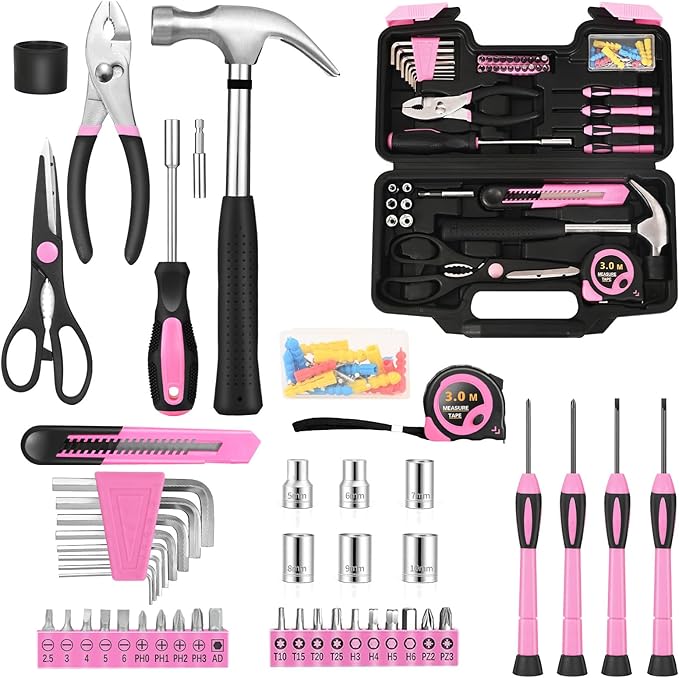 132 Piece Pink Household Tool Set General Household Hand Tool Kit with Plastic Toolbox Storage Case, All Purpose Small Tool Set Great for Home, Garage, Office and College Dormitory Use