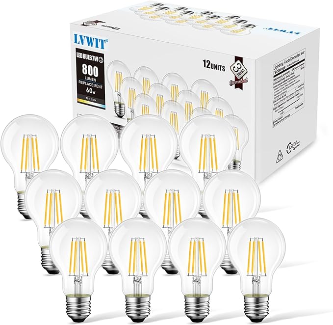 LVWIT A19 LED Vintage LED Filament Bulb E26 Base Dimmable 7W (60W Equivalent)，2700K Warm White 800 Lumens，Omnidirectional, UL-Listed, 12PCS