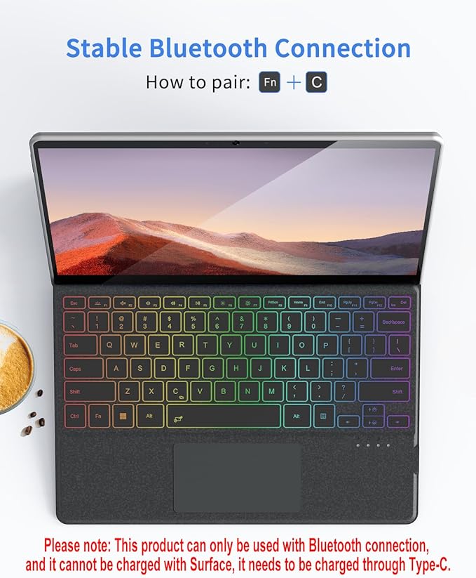 Surface Pro Keyboard, Magnetic Wireless Type Cover for Microsoft Surface Pro 7/6/5/4/3/7+, 7 Color Backlit Bluetooth 5.3 Ultra Slim Portable Keyboard with Trackpad Gray