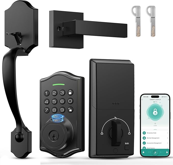 Keyless Entry Door Lock with Handle,Fingerprint Smart Front Door Lock Set,APP Control, Electronic Keypad Deadbolt with Lever Handle, Anti-Peeping, Auto Lock, Easy Install, Black