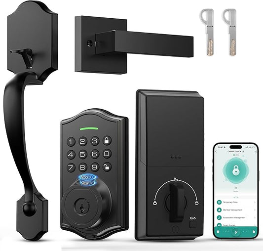 Keyless Entry Door Lock with Handle,Fingerprint Smart Front Door Lock Set,APP Control, Electronic Keypad Deadbolt with Lever Handle, Anti-Peeping, Auto Lock, Easy Install, Black