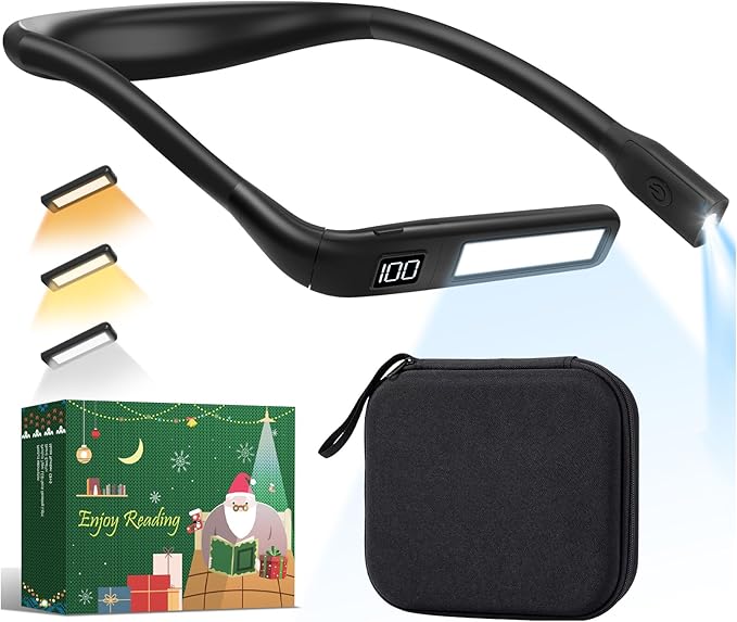Book Light with EVA Case: Rechargeable Eye Caring 3 Color Dimmable Neck Reading Light, Bendable Neck Lamp with Power Display, Reading Lamp Knitting Crochet Accessories Neck Lights for Crafts