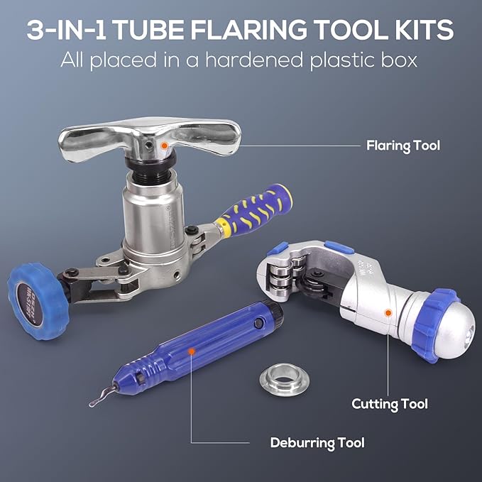 Accurate 3-IN-1 Tube Flaring Tool Kit, Eccentric Expander 45° Cone Tubing Flaring Tool, Include Cutter Deburring Tool, HVAC Refrigeration Tools for Copper/Soft Pipe Flaring 1/4-3/4 Inch O.D. Tubing