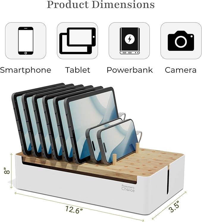 Prosumers Choice Bamboo Charging Station for Multiple Devices - Wooden Charger Organizer with Removable Dividers for Phones, Tablets, and Laptops - 11 Inch Cable Organizer Box - Space-Saving Desk Dock