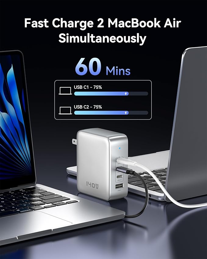 140W USB C Charger, 4 Ports GaN Charger Block Charging Station, Foldable and Compact Fast Wall Charging Power Adapter for MacBook Pro/Air, Dell XPS, iPad Pro, iPhone Series, Galaxy S24, and More