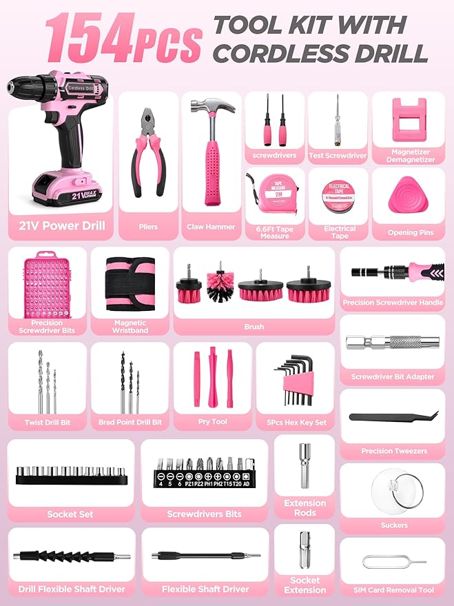Pink Cordless Drill Set 21V, 154 PCS Tool Kit for Women with Storage Bag, Power Electric Drills, Precision Screwdriver Set, Hammer, Pliers, Magnetic Wristband and Accessories for DIY Home Repair Gift