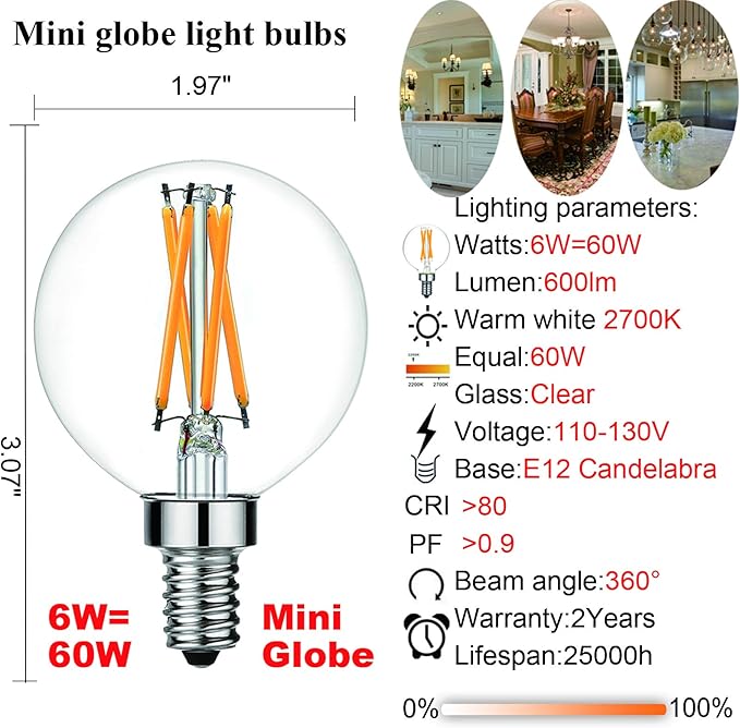 LiteHistory e12 led dimmable g16.5 Light Bulb 6W Equal 60 Watt 600lm AC120V e12 Candelabra Bulb 60 Watt for Chandeliers,Ceiling Fan,Vanity Warm White 2700K Globe e12 Light Bulb 6Pack