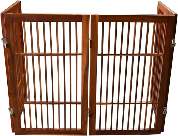 Pet Dog Gate Strong and Durable Freestanding Folding Acacia Hardwood Portable Wooden Fence Indoors or Outdoors by Urnporium (Brown Pet Gate, 4 Panel 30" Tall)