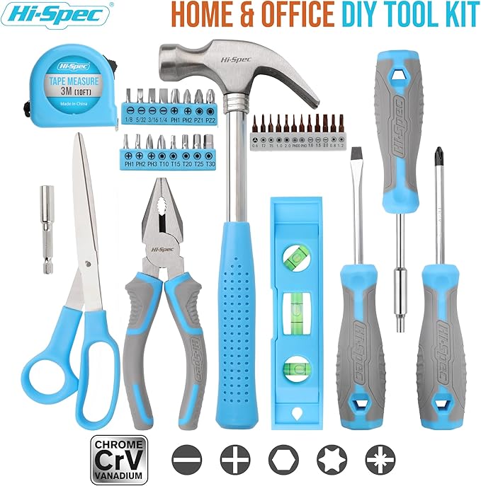 Hi-Spec 42pc Blue Household DIY Tool Set. Home, Office and College Dorm Small Toolkit Box of Starter Basic Tools