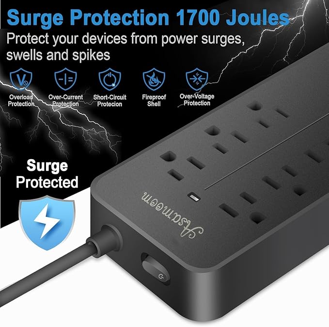 20FT Surge Protector Extension Cord with Flat Plug, 8 Outlets, 3 USB A & 1 USB-C Port, 1700J Wall Mount Desk Power Strip Black, ETL Listed