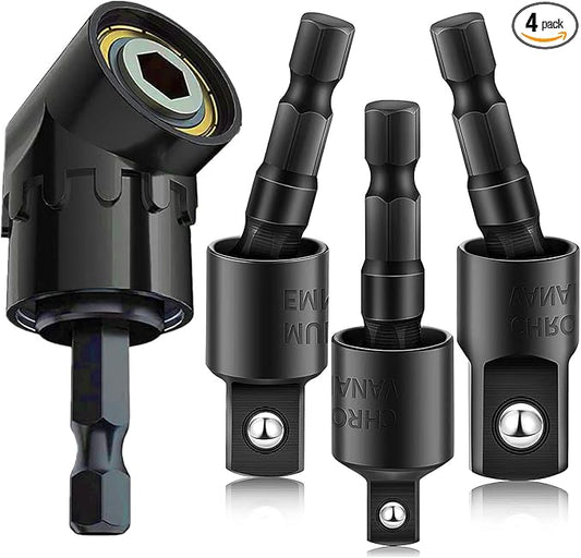 Right Angle Drill Adaptor,4-in-1 Impact Drill Bit Extension,360° Rotatable 1/4 3/8 1/2" Impact Grade Socket Adapter Set,105 Degree Angle Screwdriver Drill Bit for Household Workplace Industry