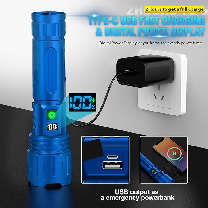Flashlights High Lumens Rechargeable - 1500 Meters Long Beam Super Bright LED Flash Light with Power Display & IPX5 Waterproof for Camping, 20H Runtime,5 Modes,Zoomable Handheld Flashlight-Blue