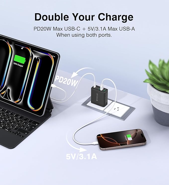 [2-Pack] USB C Wall Charger, 50W Fast USB C Charger Block, 5-Port PD Power Adapter + QC Wall Plug Multiport Type C Charging Block Cube Compatible with iPhone 16 15 14 13 12 11 Pro Max XR XS, Black