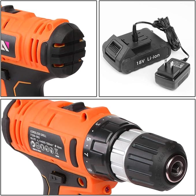 DNA MOTORING TOOLS-00020 Orange 46 Pcs 18V Cordless Power Drill Driver Bit Set w/Charger+Screwdrivers+Pliers Home Repair Kit