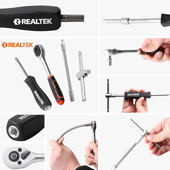 REALTEK 66 Pieces 1/4 inch Drive Socket Set, Ratchet Set with 72 Tooth Reversible Ratchet & Bit Socket Set, Professional Tool Set for Auto Repairing and Household