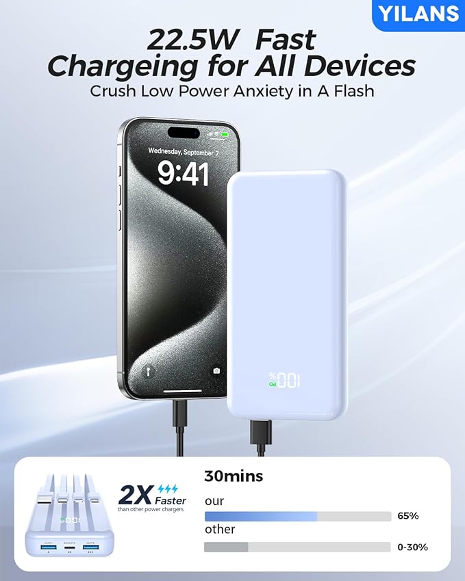 Portable Charger, 42800mAh Power Bank Built-in Cable, 22.5W PD USB C in & Out Fast Charging, External Battery Pack with 6 Output & 2 Input, Travel Phone Charger for iPhone 16/15/14/13/12(Blue)