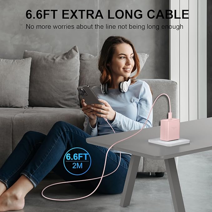 Phone 16 Pro Max Charger Fast Charging, 45W USB C Phone 16 Super Fast Charger Block with 6.6ft Long Type C Charging Cable Cord for Phone 16/16 Pro/16 Pro Max/16 Plus, 15/15 ProMax/Pro/Plus-2pack Pink