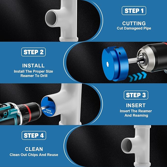 Ecarke 9 Pcs PVC Pipe Reamer Kit With 1/2 inch 3/4 inch 1 inch 1-1/4 inch 1-1/2 inch 2 inch 2.5 inch 3 inch 4 inch PVC Pipe Cutter Tool Kit PVC Fitting Saver Compatible with 1/2" Drills