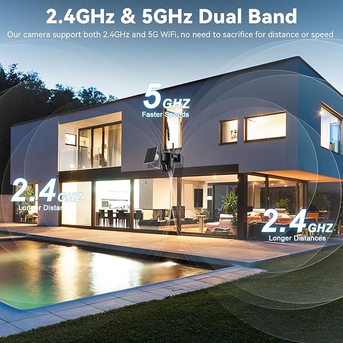 Solar Camera Outdoor Wireless, 2K Solar Outdoor Cameras for Home Security, Battery Powered Wire-Free 5g WiFi Camera, 360° View PTZ, Motion Detection Alerts, Spotlight Siren Alarm, Color Night Vision