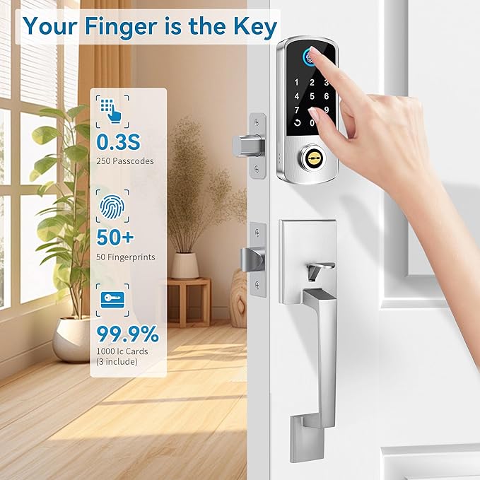 Keyless Entry Door Deadbolt with Handle Set, BEBASIA Fingerprint APP Smart Door Lock, Digital Keypad Bluetooth Deadbolt Lockset with Auto Lock Code Fob Satin Nickel